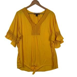 By Design Top Womens 3X Yellow Lace V-Neck Boho Tie Front Ruffle Sleeve